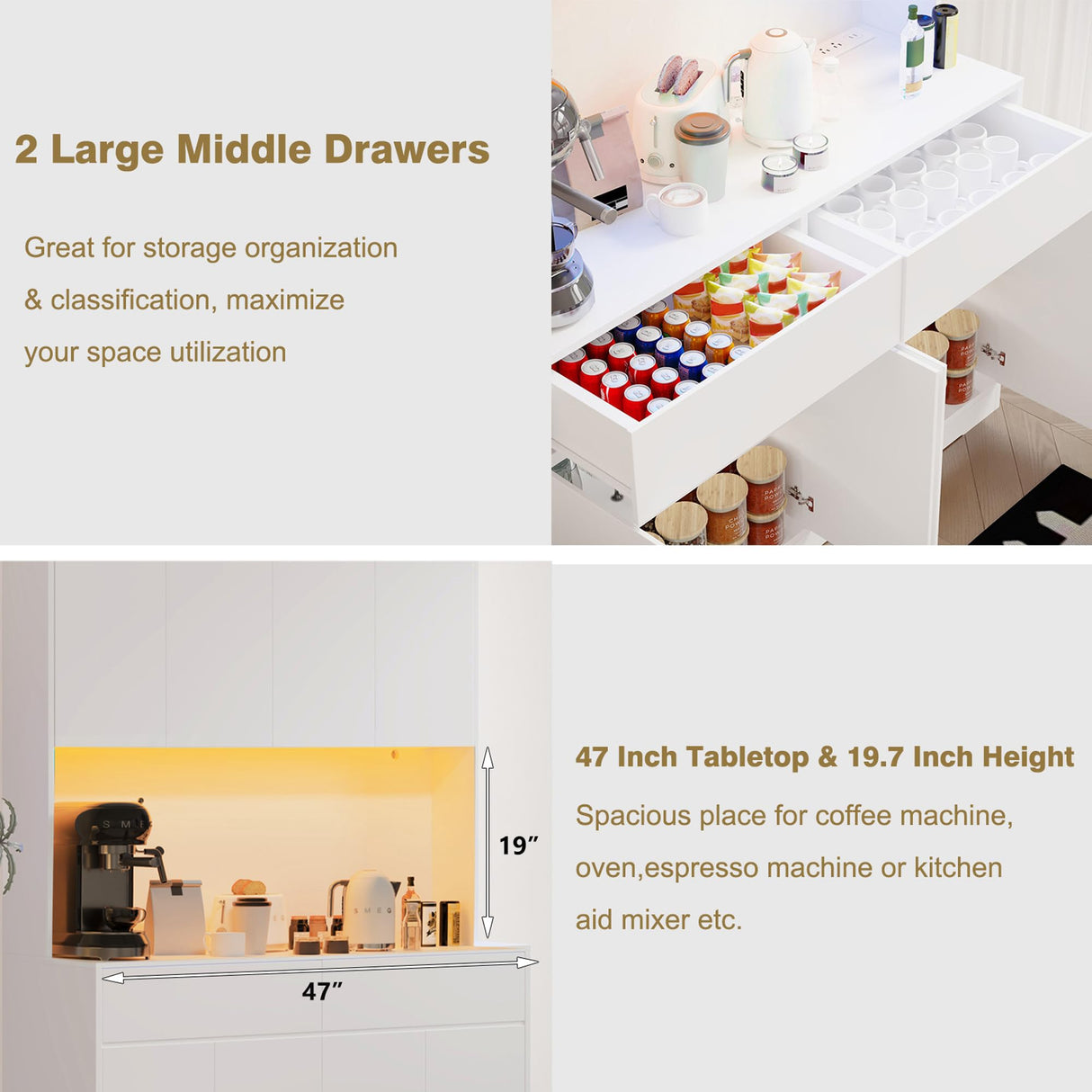 Hlivelood 71" Tall Kitchen Pantry Storage Cabinet w/Power Outlet and Led Light, Large Kitchen Hutch Pantry Cabinet w/ 2 Drawer and 8 Doors,Modern Freestanding Buffet Cabinet for Kitchen,Dining Room Hlivelood