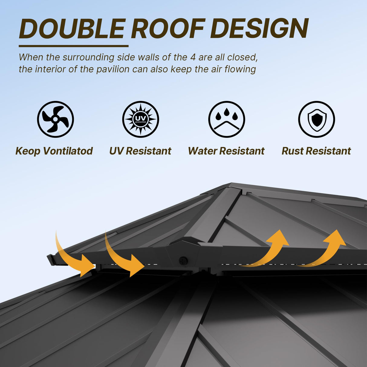 Gotland 12' x 14' Khaki Hardtop Gazebo with Curtains and Netting, Double Roof Iron Metal Pergola for Patio, Garden, Lawn Gotland