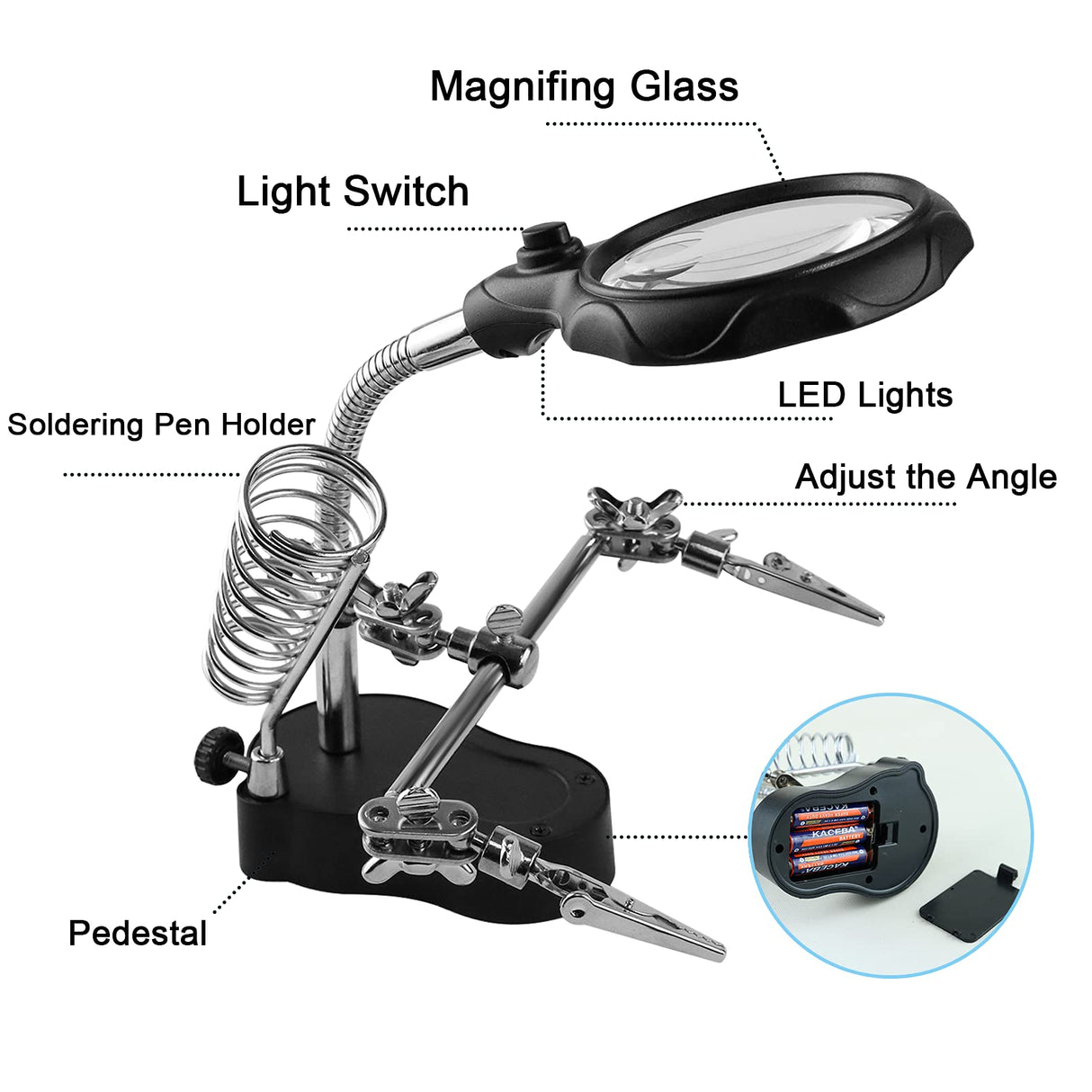 Vludiss Helping Hands Magnifying Glass Soldering Station, LED Lighted 3.5X 12X Magnifier with Auxiliary Clips Alligator Clamp for Miniatures Projects,Model Making, Soldering Vludiss