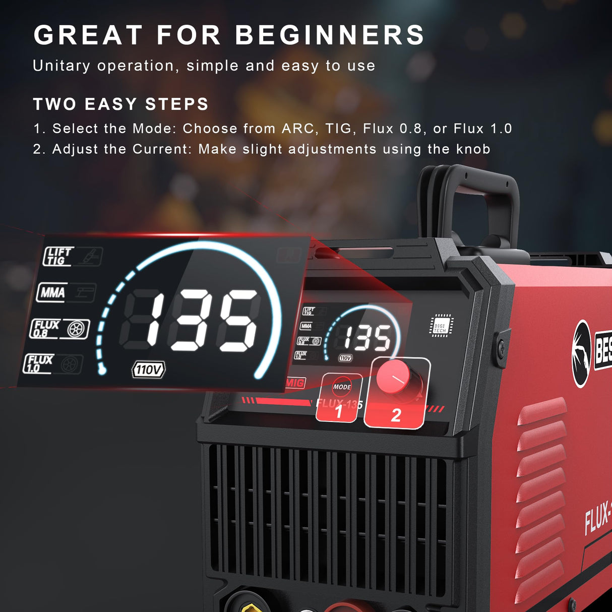 BESTMIG 135A Welder 3-in-1 Welding Machine Supports MIG 110V Welding Machine with IGBT Inverter LED Digital Display MIG/Lift TIG/Stick Capabilities (Red Black, MIG 135A Welder) BESTMIG.