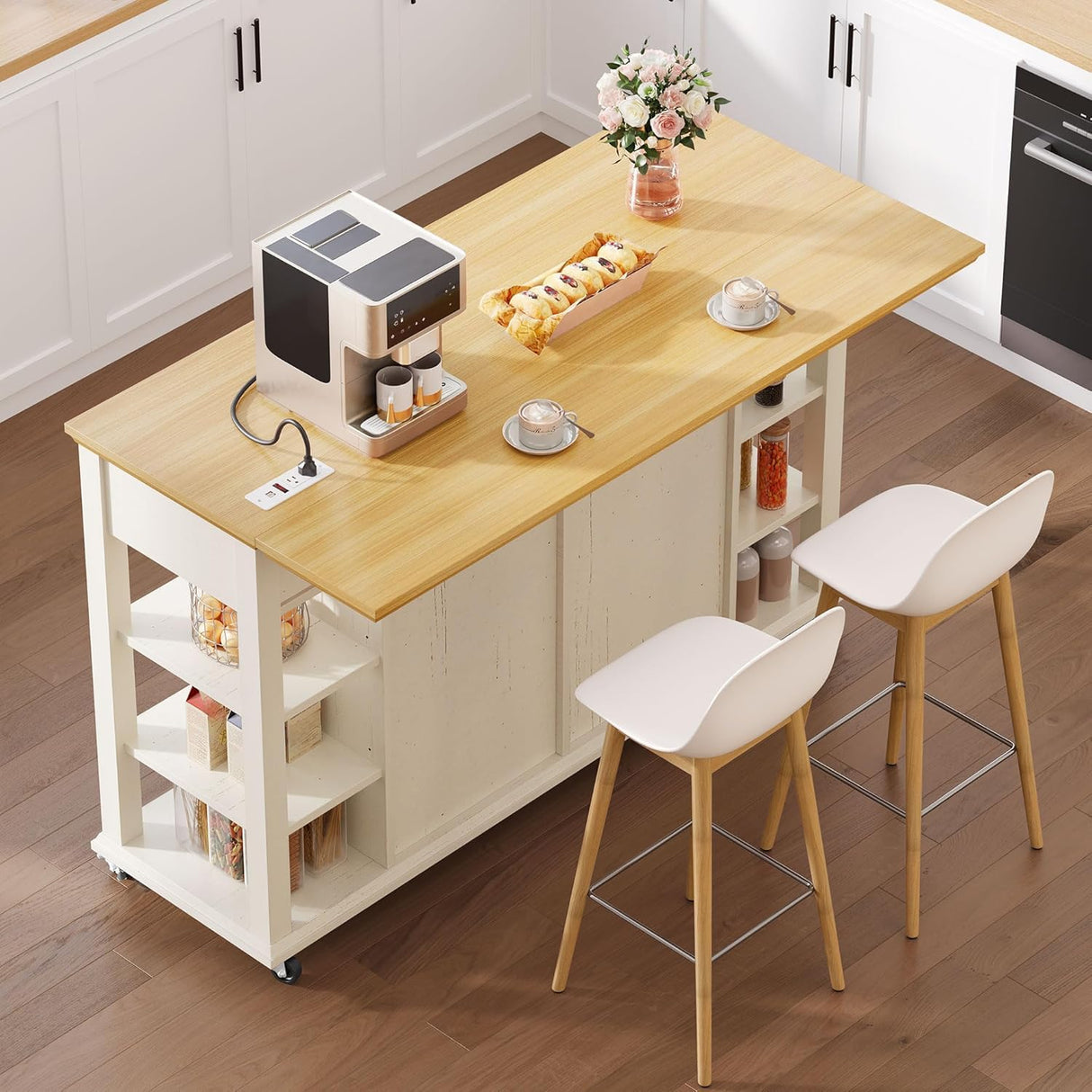 DWVO Kitchen Island with Drop Leaf, Tilt Out Trash Can Cabinet, Mobile Storage Islands with Power Outlet, Americana Rolling Island Table on Wheels with Open Shelves for Dining Room, Off White DWVO