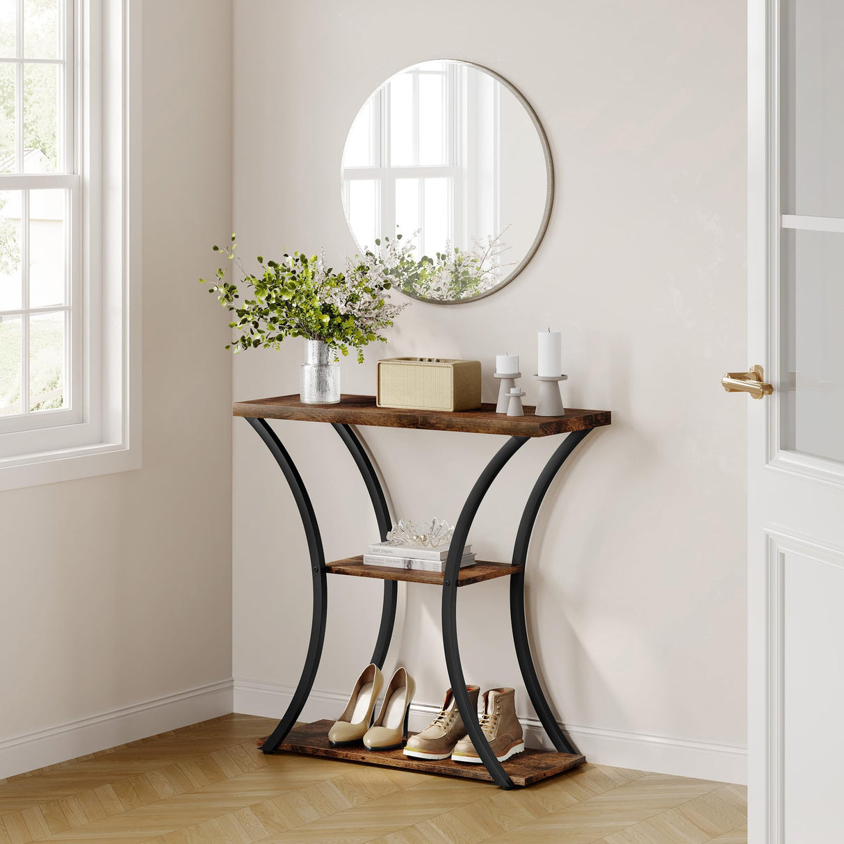 Hoctieon 3 Tier Console Table with Open Wood Shelves, Decorative Entryway Table with Curved Metal Frames, Narrow Sofa Table for Entrance, Living Room, Hallway, Rustic Brown+Black Hoctieon
