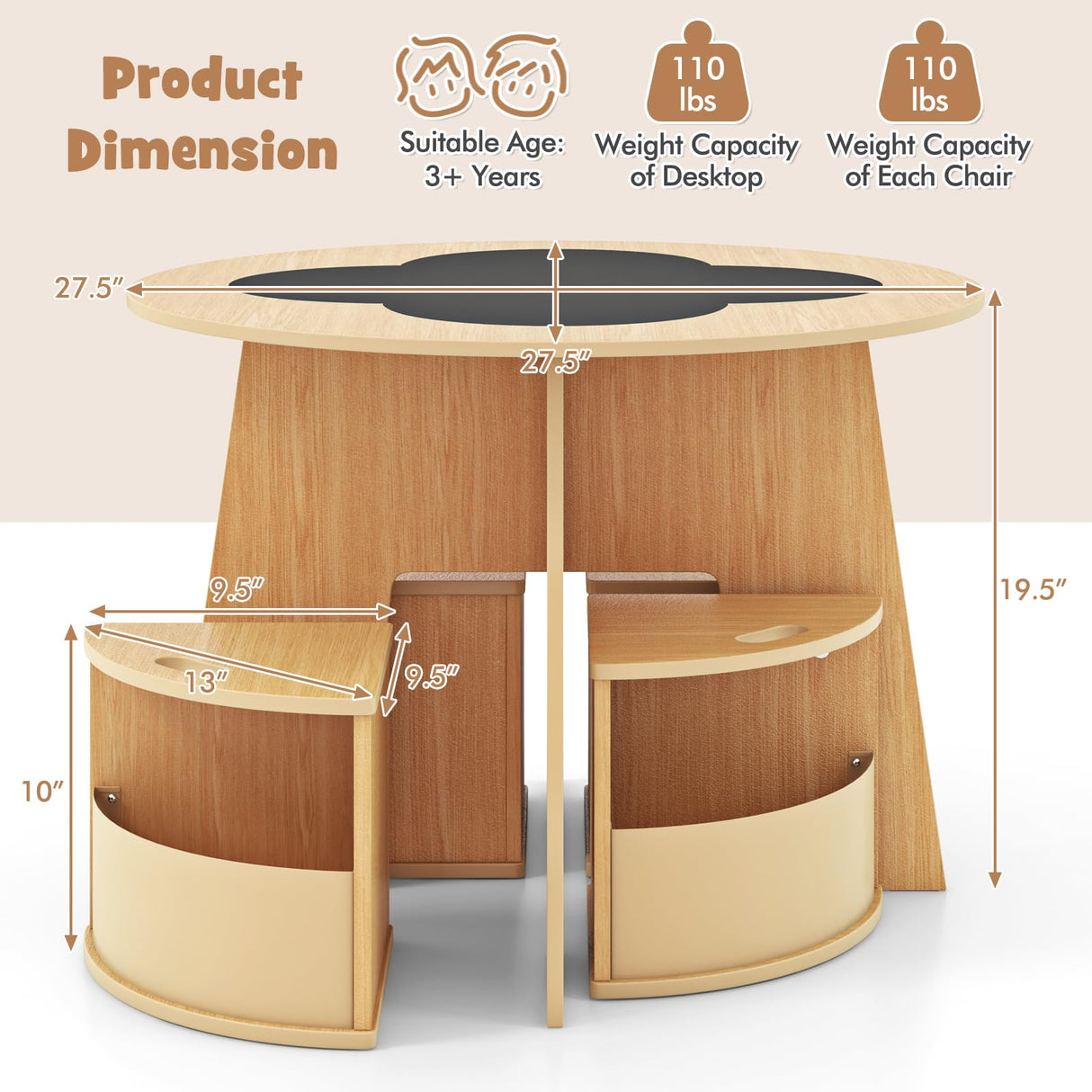 INFANS Toddler Table and Chair Set with 4 Storage Stools, Wooden Flower Shaped Nesting Table with Blackboard Drawers, Children Multi-Activity Table for Art Crafts Draw Read Boys Girls 3+ (Natural) INFANS