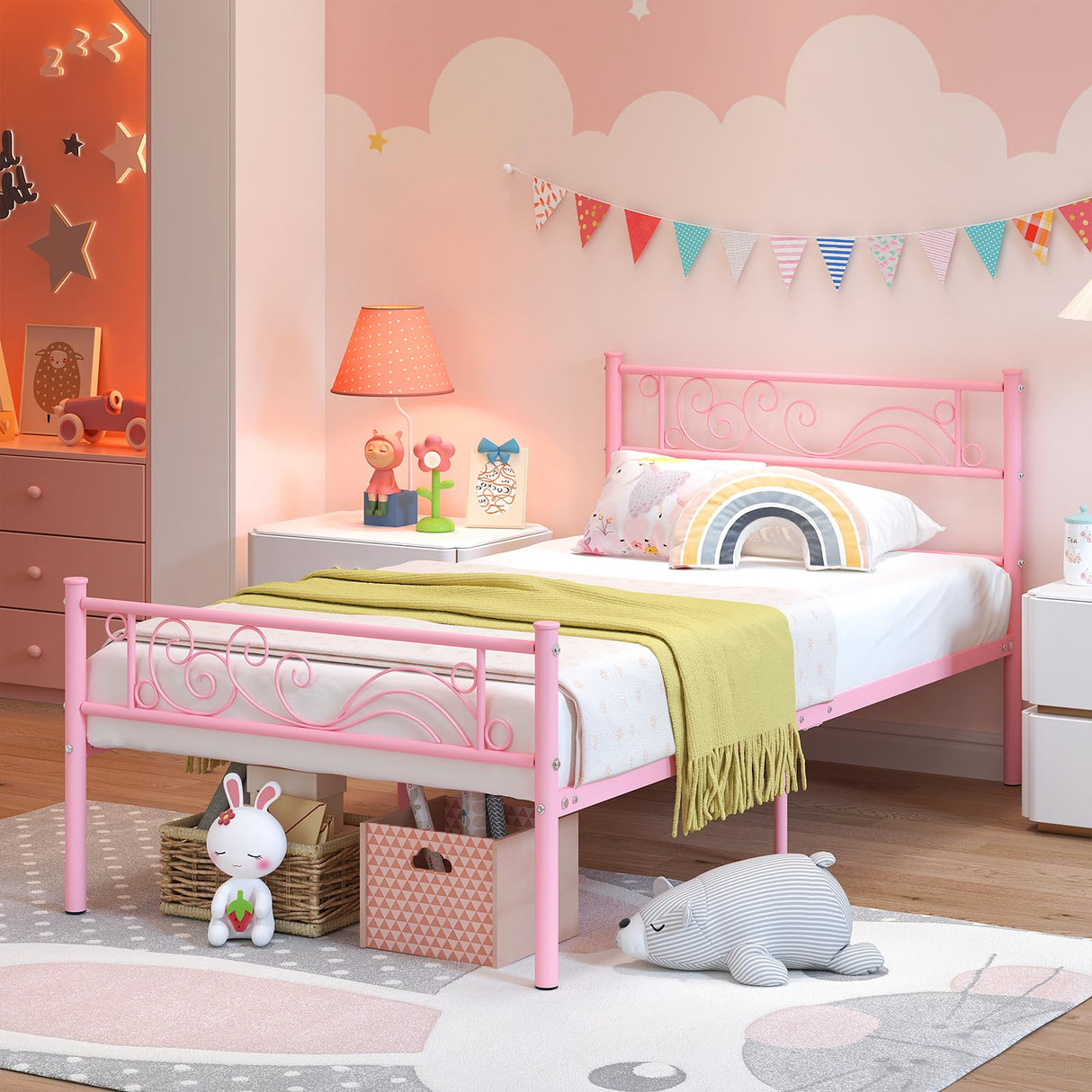 Weehom Twin Bed Frames Metal Platform Heavy Duty Steel Slat Under Bed Storage for Kids Pink Weehom