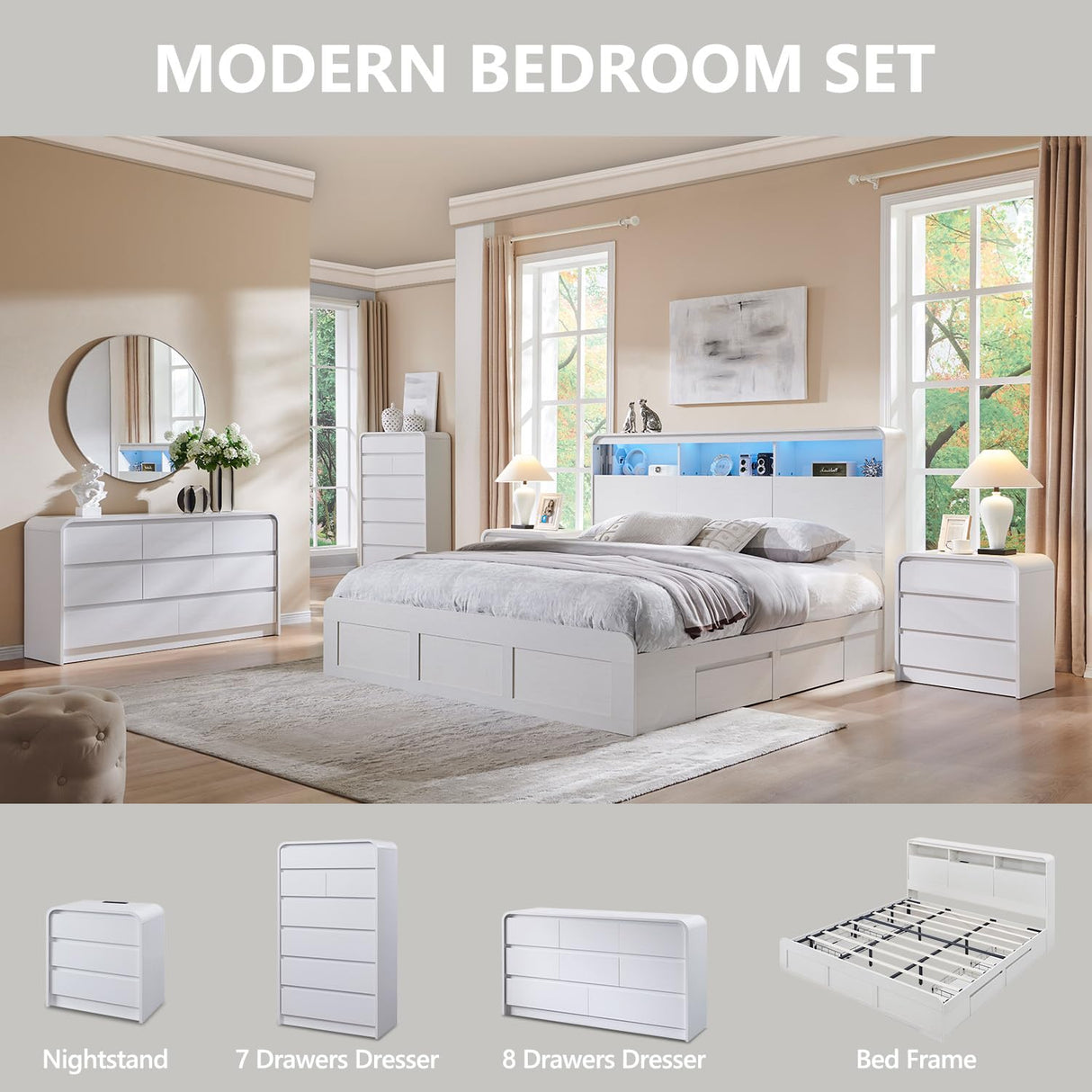 Aitjunz Modern 8 Drawers Dresser for Bedroom, 55" Wide Dressers & Chest of Drawers w/Curved Profile Design, Wood Mid Century Storage Dressers Organizer for Bedroom, Living Room, White Aitjunz