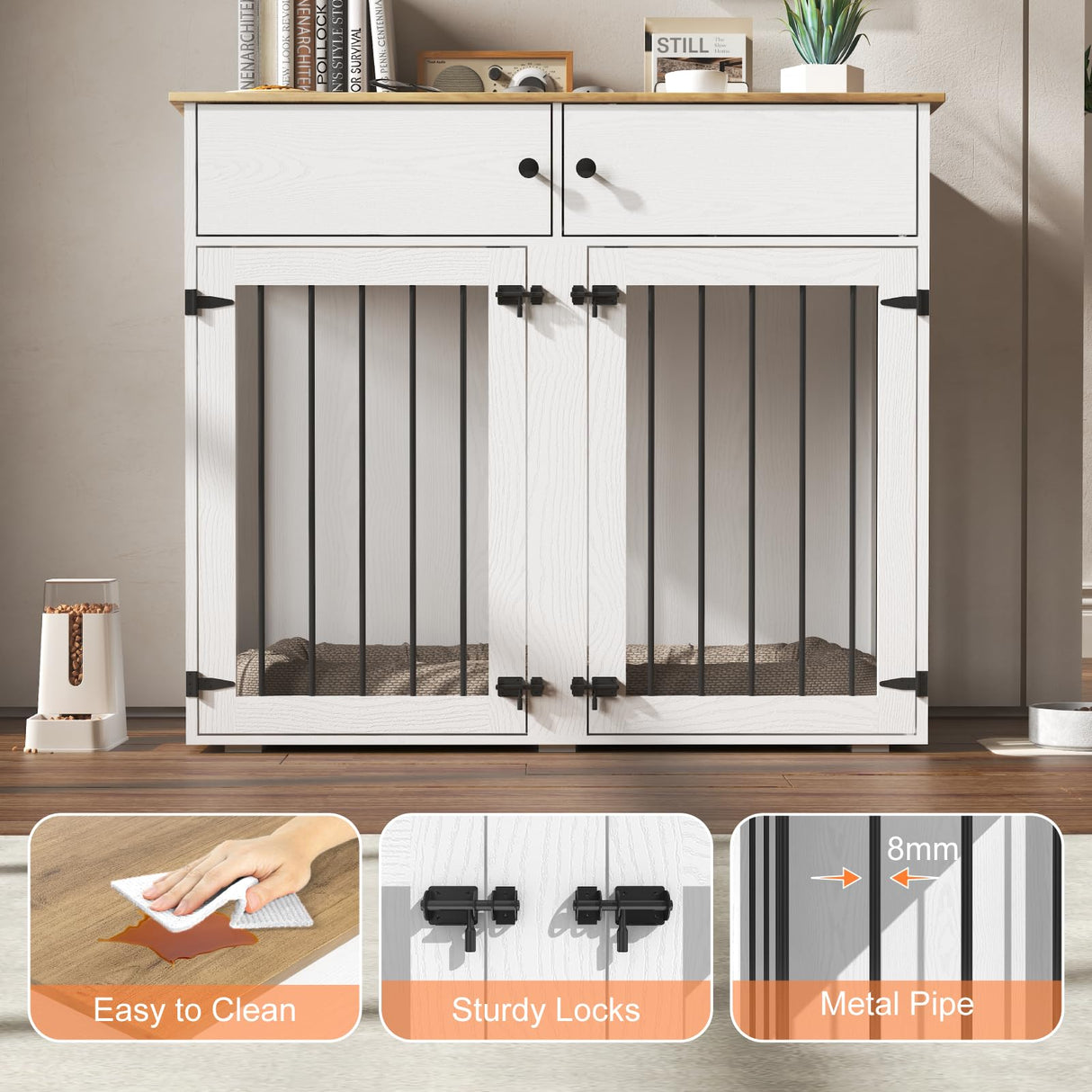 HXBOAUVS Large Dog Crate Furniture, 41 Inch Dog Kennel Indoor with Removable Divider & Double Doors, Wooden Dog Crates for 2 Dogs, Dog Crate Table for Large/Medium Dogs, White HXBOAUVS