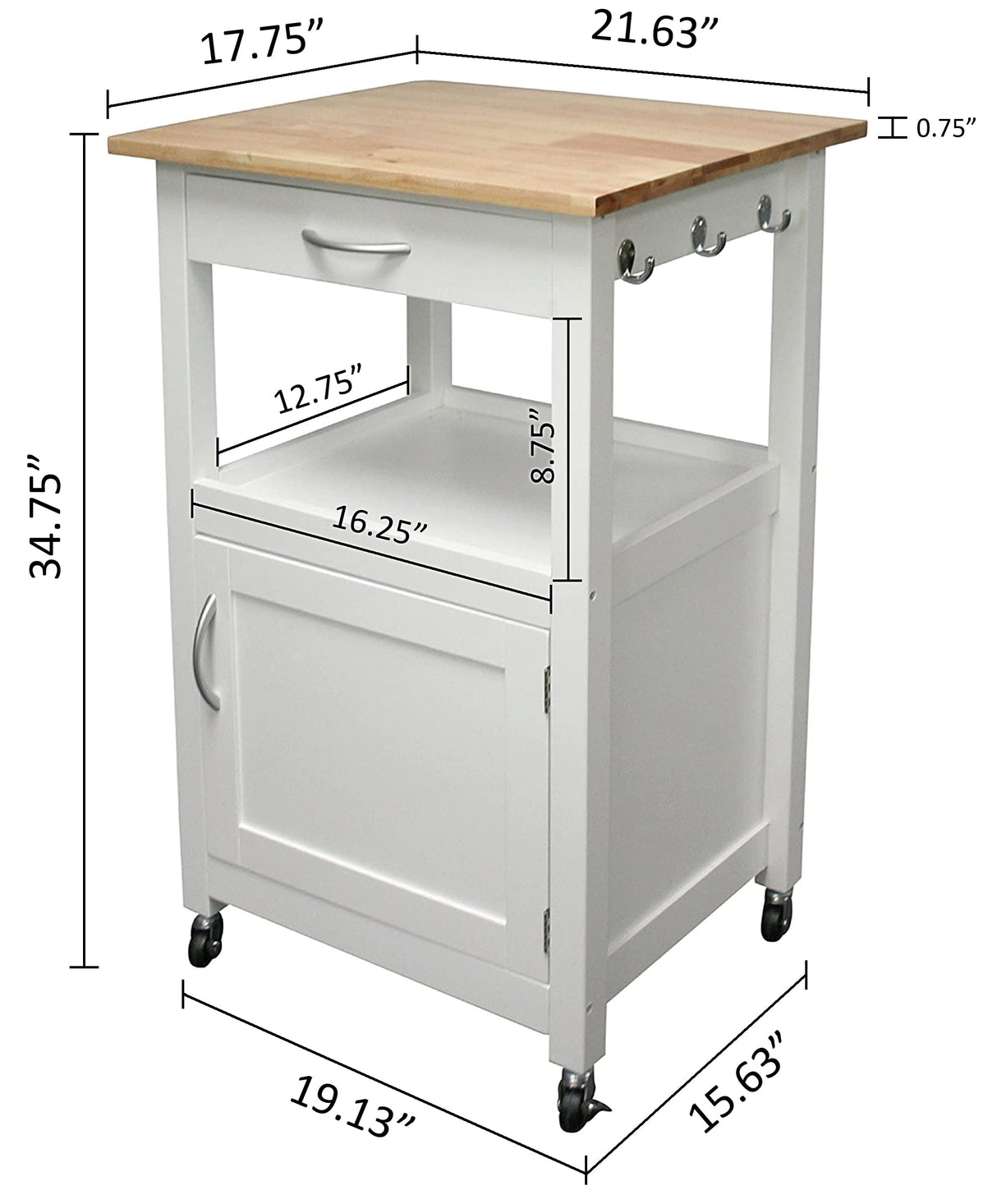 eHemco Kitchen Island Cart on Wheels with Drawer, Storage Cabinet, Shelf and Natural Solid Hardwood Top, White Base eHemco