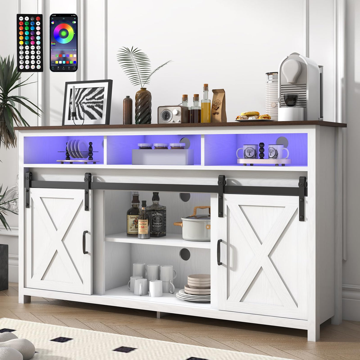 jiteentarou Farmhouse Coffee Bar Cabinet with Power Outlet, Rustic Sideboard Buffet Storage Cabinet with Storage, Wood Buffet Cabinet Serving Table Cupboard for Dining Room, Living Room, White jiteentarou