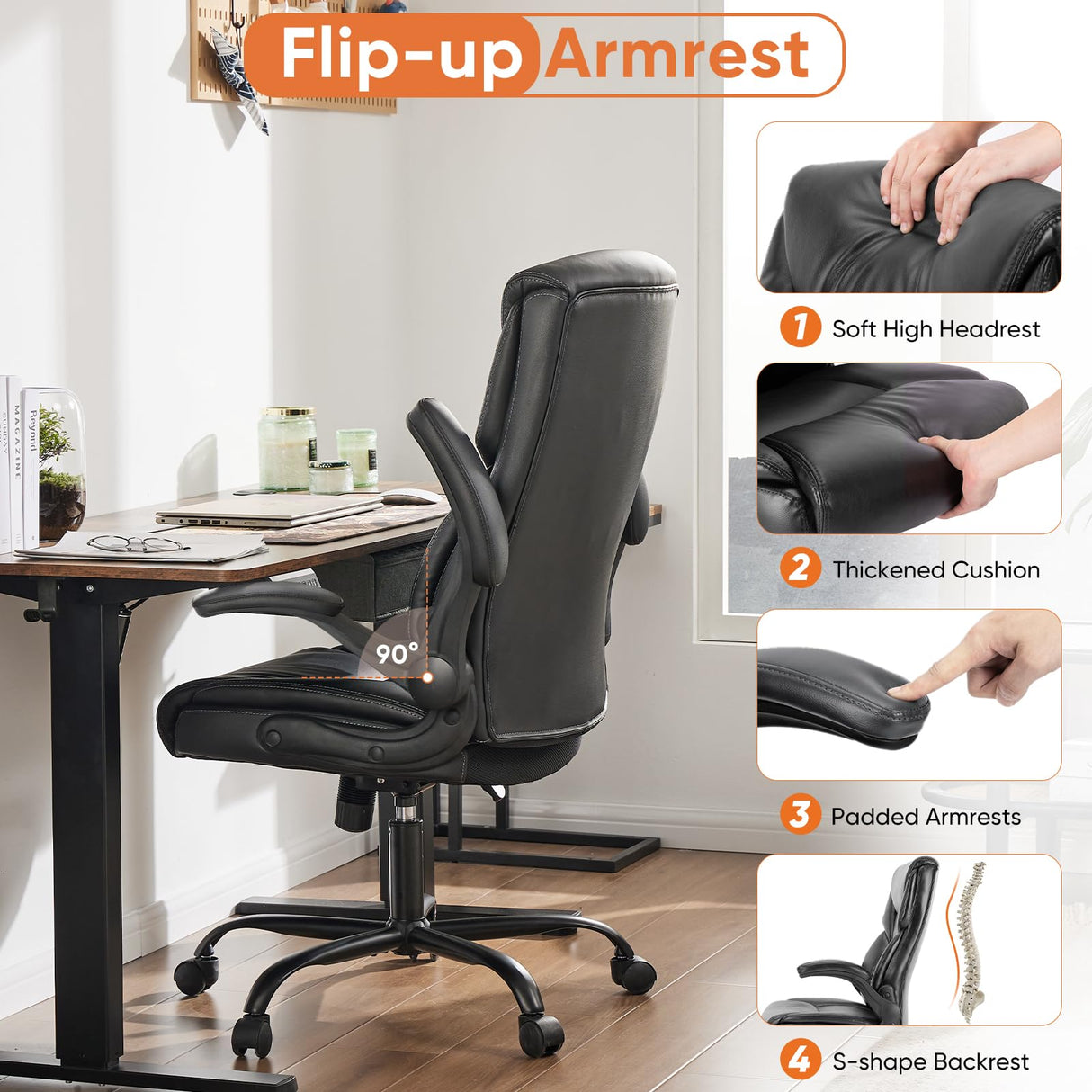 Sweetcrispy Computer Gaming Chair, Ergonomic Office Chair Heavy Duty Task Desk Chair with Flip-up Arms, PU Leather, Adjustable Swivel Rolling Chair with Wheels, Black Sweetcrispy