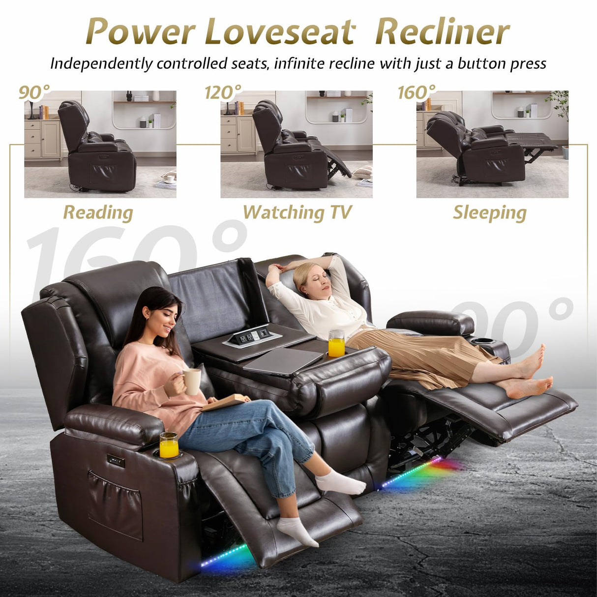 SAMERY Power Loveseat Recliner Sofa with Adjustable Split Back, Multi-Port Charger, Flip-Up Backrest & LED Lighting - Home Theater Seating with Storage, Cup Holders, Brown Faux Leather Loveseat SAMERY