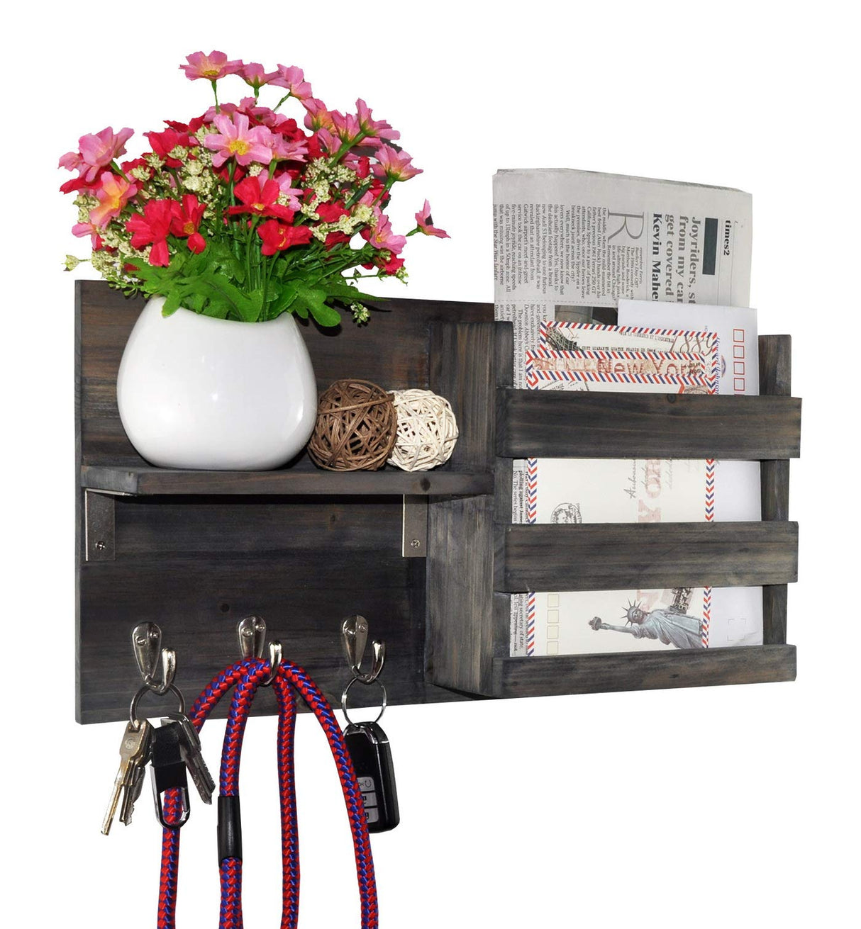 Spiretro Wall-Mounted Key Holder Hooks - Rustic Wood Weathered Grey & Black - Entryway Organizer for Mail, Leashes, and Purses - Floating Shelf, 16.5” W x 9.75" H x 4.5” D Spiretro