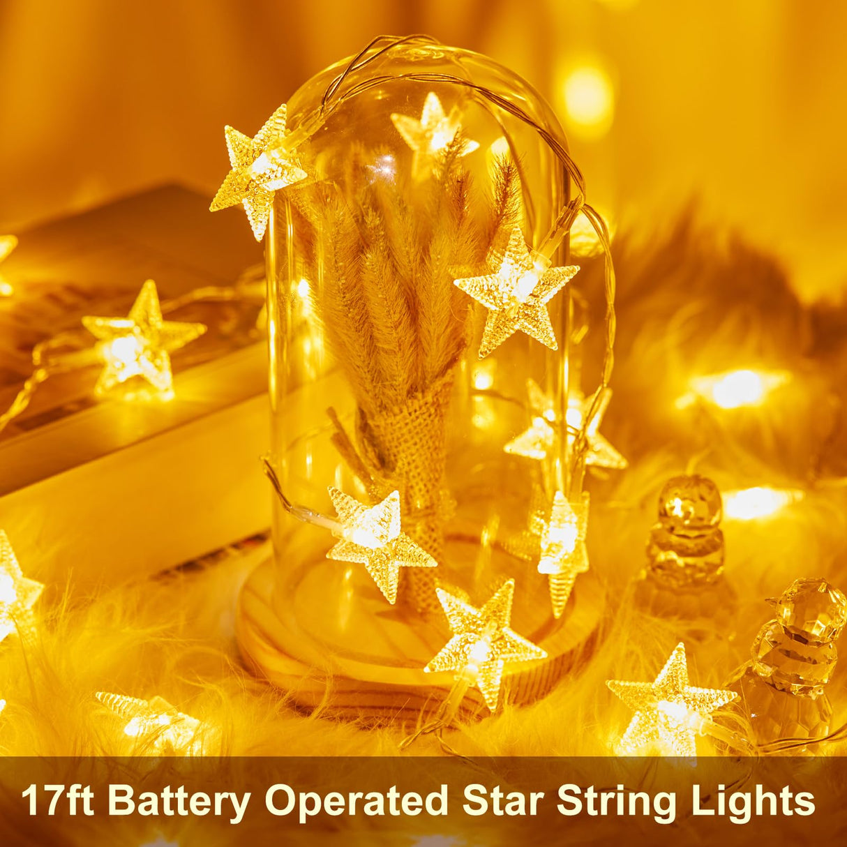 Minetom Star String Lights Battery Operated - 17 ft 50 LED Star Fairy String Lights with Timer, Waterproof for Indoor Bedroom Tent Loft Bed Patio Party Wedding Decor, Warm White Minetom