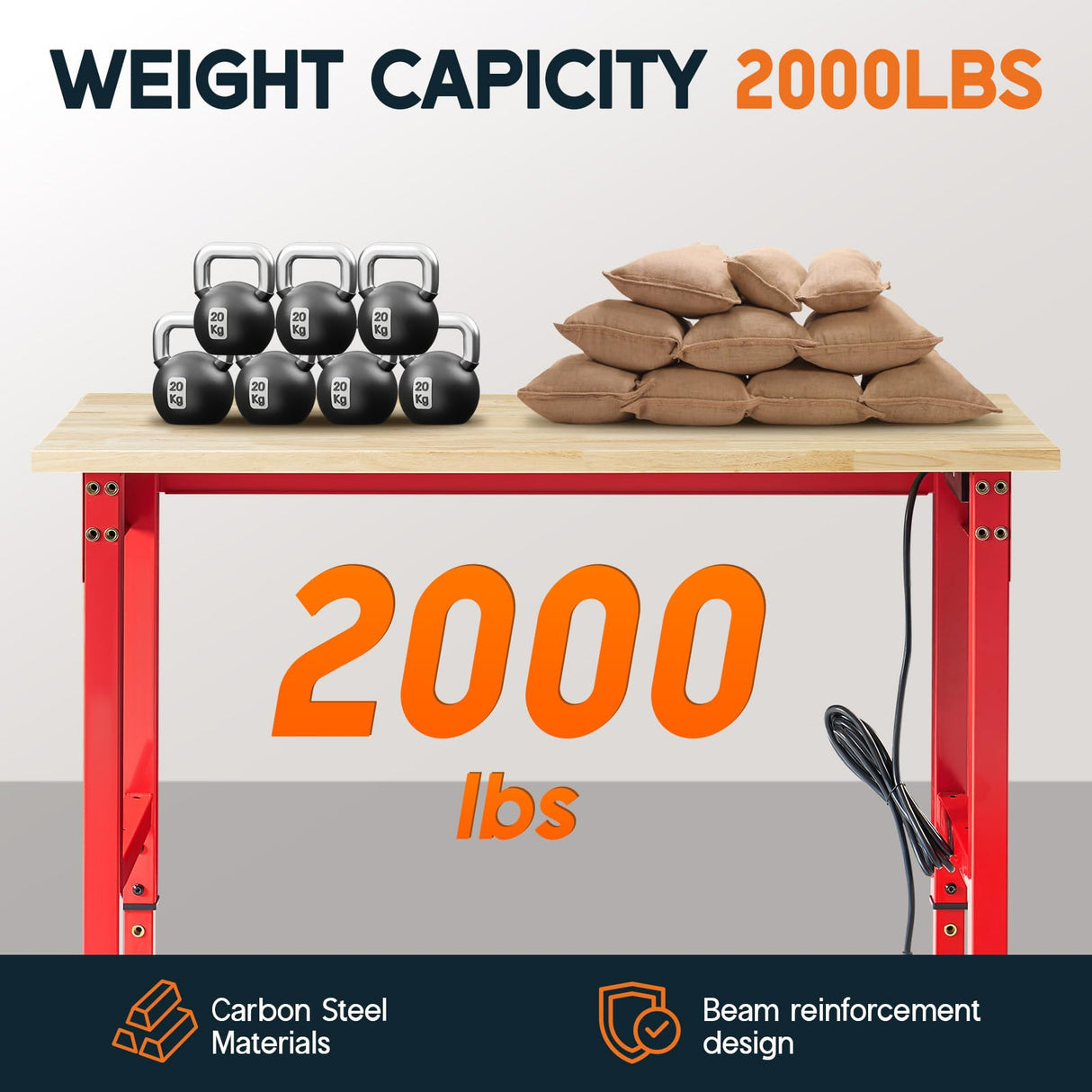 Albott Adjustable Workbench, 28.7-38.6" Height, Rubber Wood Top, Heavy-Duty Design with Power Outlets & Hooks, 2000 LB Capacity for Garage, Workshop, Home, or Office,Red Albott