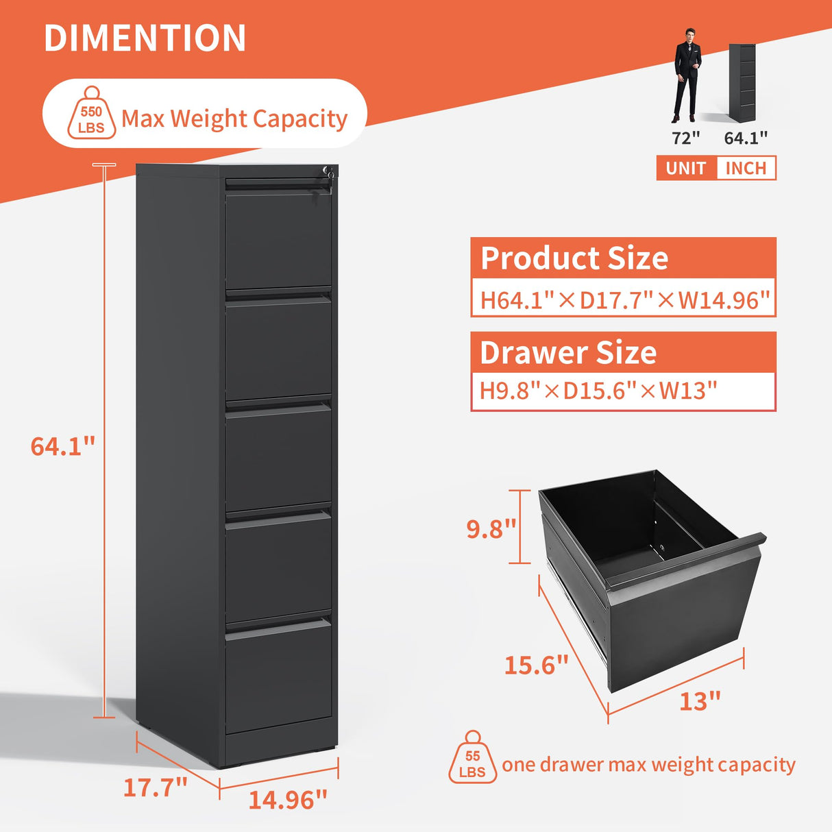 IKIMI 5 Drawer File Cabinet,Metal Filing Cabinets for Home Office,Vertical File Cabinet with Lock,Heavy Duty Metal Storage Cabinet for A4/Letter/Legal Size Files,Assembly Required IKIMI