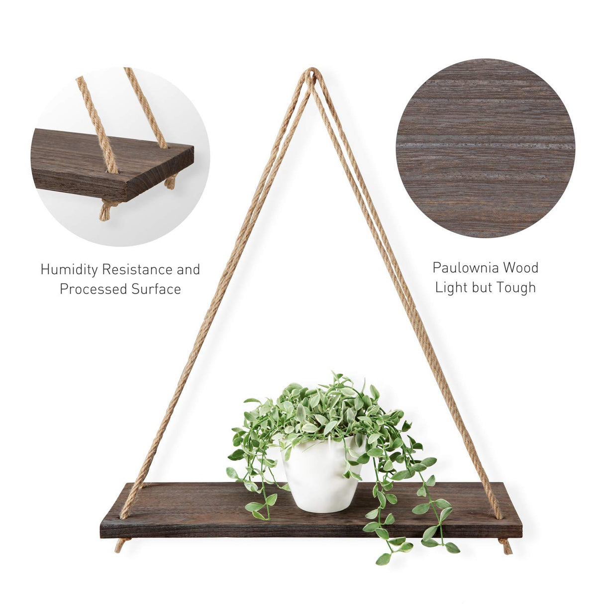 Mkono Wood Hanging Shelves for Wall Boho Decor Swing Rope Rustic Floating Shelf, Set of 3 Wall Display Shelving Home Organizer Rack for Living Room Bedroom Bathroom Kitchen,Brown Mkono
