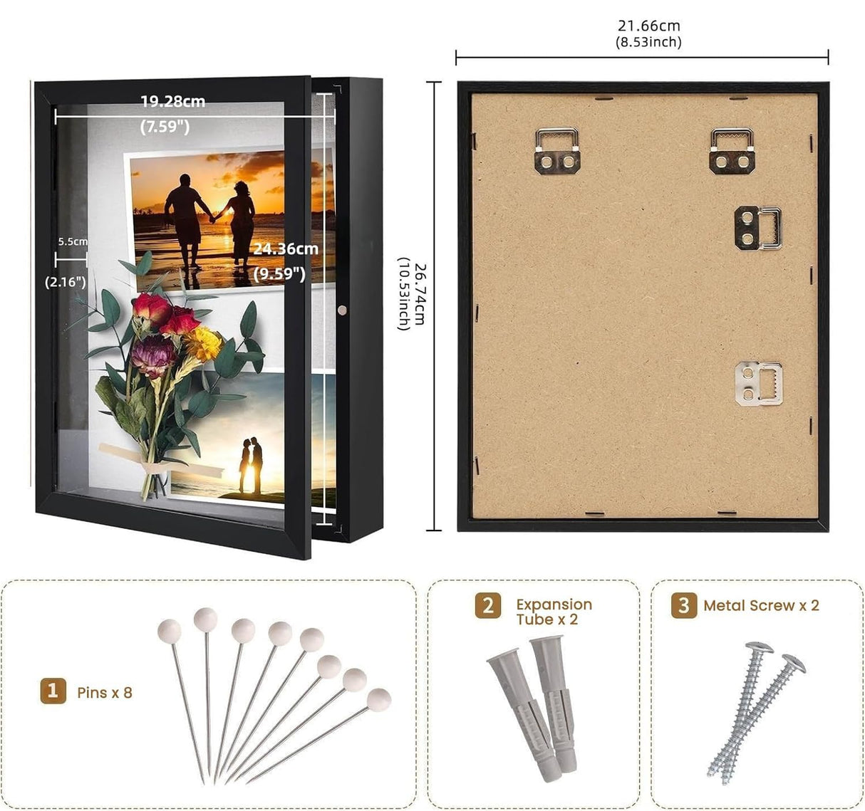 Muzilife 8x10 Shadow Box Picture Frame - 2.16" Interior Deep Wood & Glass Display Case Ready to Hang Memory Box Baby Sports Memorabilia, Wedding, Tickets, and Photos, Black Muzilife