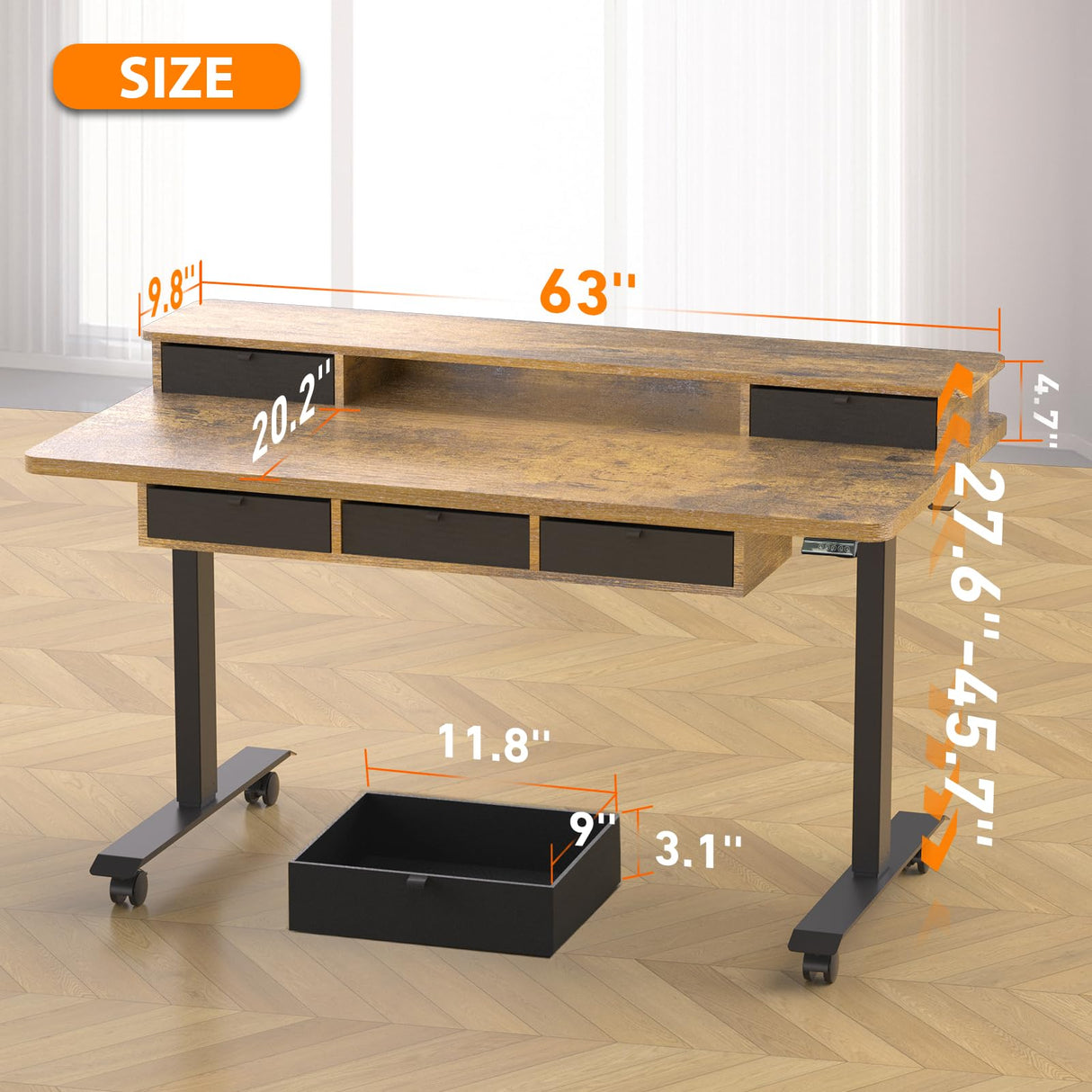 XINYAO Electric Standing Desk with 5 Drawers, Height Adjustable Desk 63 x 30 Inches Stand Up Desk, Ergonomic Desk with Wider Larger Desktop,Double Beam Standing Office Computer Desk (Rustic Brown) XINYAO