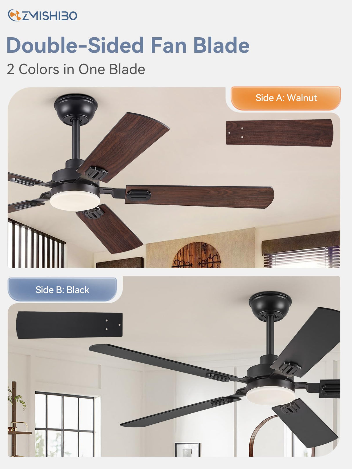 ZMISHIBO 52" Ceiling Fans with Lights, Black Modern Ceiling Fan with Remote, Farmhouse Indoor Ceiling Fan with Dual Finish Blades, Quiet & Strong Motor, Bright LED Light. ZMISHIBO