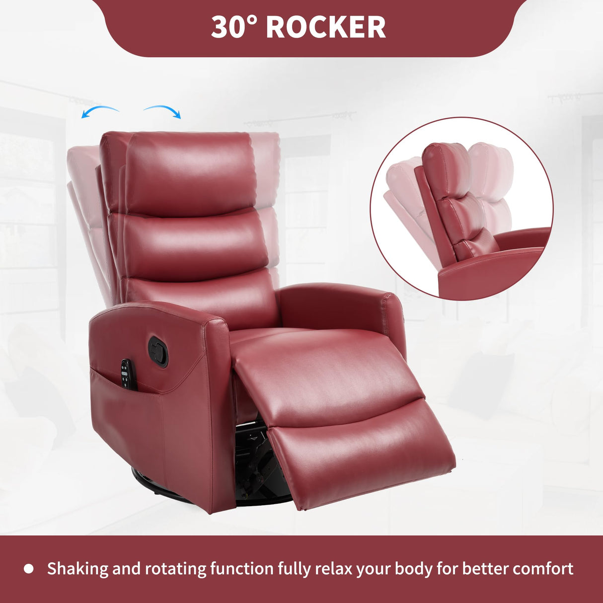 360° Swivel Recliner Chair for Adults, Small Manual Rocker with Heat & Massage, PU Leather Upholstered, Adjustable Backrest, Footrest & Side Pockets, Modern Living Room Chair, Red ALYIAMXL