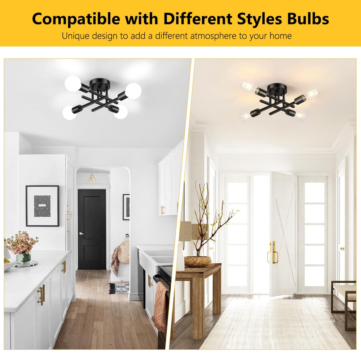 Asnxcju 4-Light Hallway Semi Flush Mount Light Fixtures, Farmhouse Black Light Fixtures Ceiling Mount, Indoor Close to Ceiling Lighting for Kitchen Entryway Bedroom Foyer (Bulb Not Included) Asnxcju