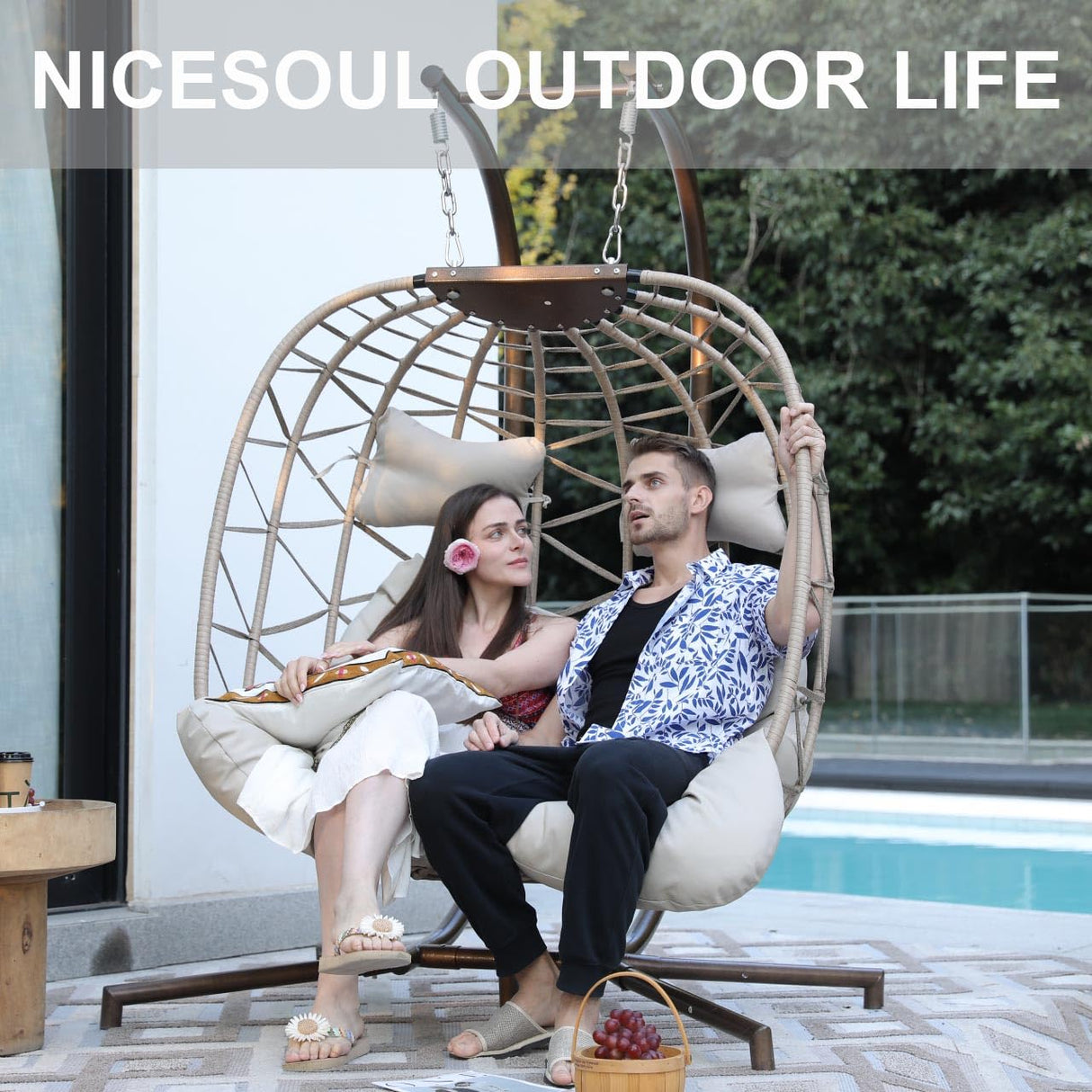 NICESOUL Double Egg Chair Outdoor Indoor, Oversized 2 Person Swing with Stand, All-Weather Large Wicker Hanging Loveseat, 700 LBS Heavy Duty Patio Swinging Seat w/Cushion for Balcony, Beige NICESOUL