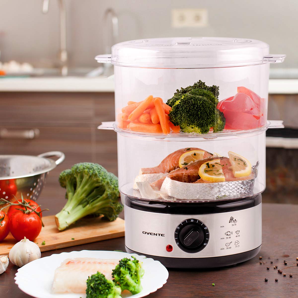OVENTE 2 Tier Electric Food Steamer for Cooking Vegetables, Stainless Steel Base, Stackable and Dishwasher Safe Baskets, 400W with Auto Shutoff and 60-Minute Timer, 5 Quart Capacity, Silver FS62S OVENTE