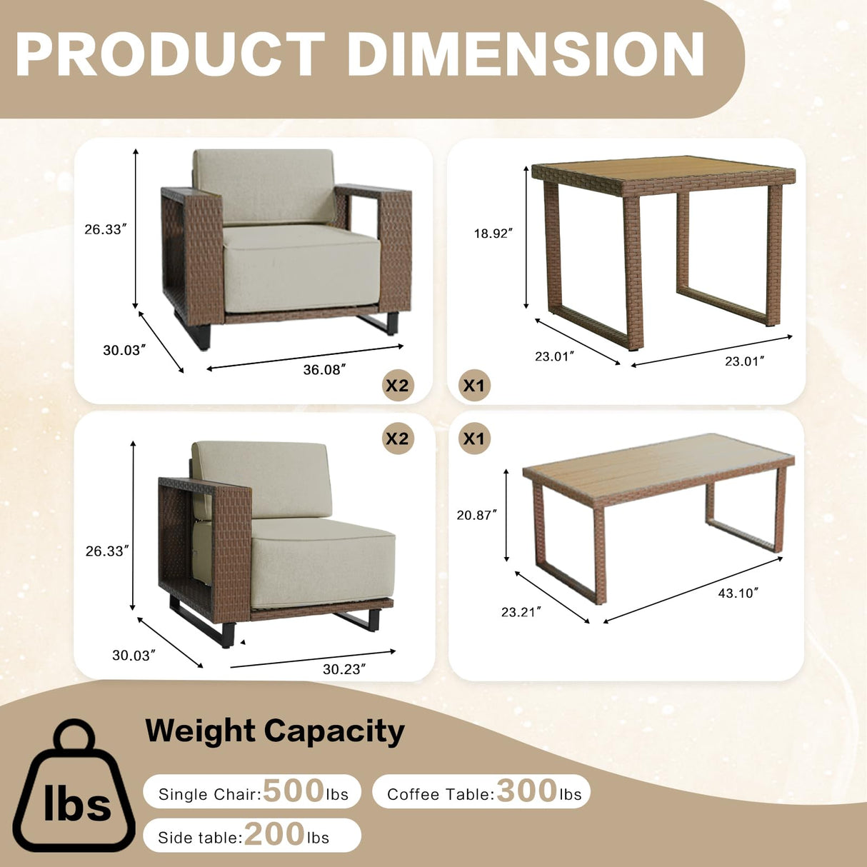 XTWEEX 6-Piece Outdoor Patio Furniture Set, Rocker Chairs and Sofa with Thick Cushions and Steel Frame and Wooden Board, PE Rattan Weaving Outdoor Conversation Set Brown/Light Gray Linen XTWEEX