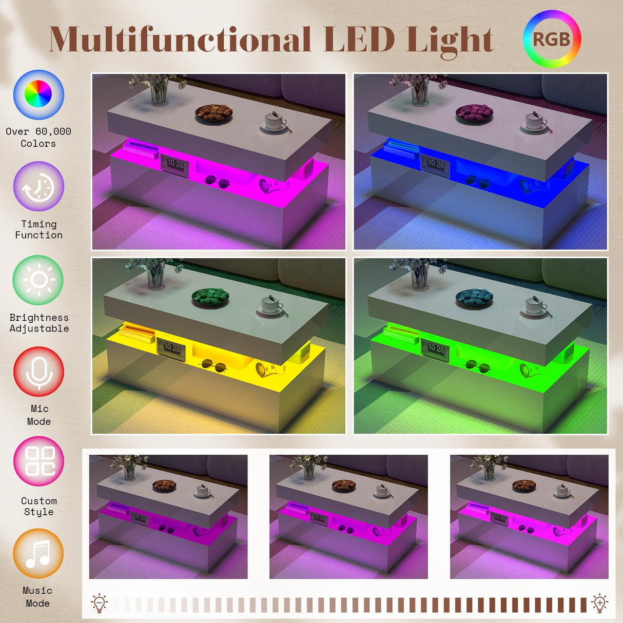 LUXOAK Coffee Table with LED Light, Modern High Gloss Finish Center Table with 2-Tier Storage Space, Minimalist Coffee Table for Living Room, Office, White LUXOAK