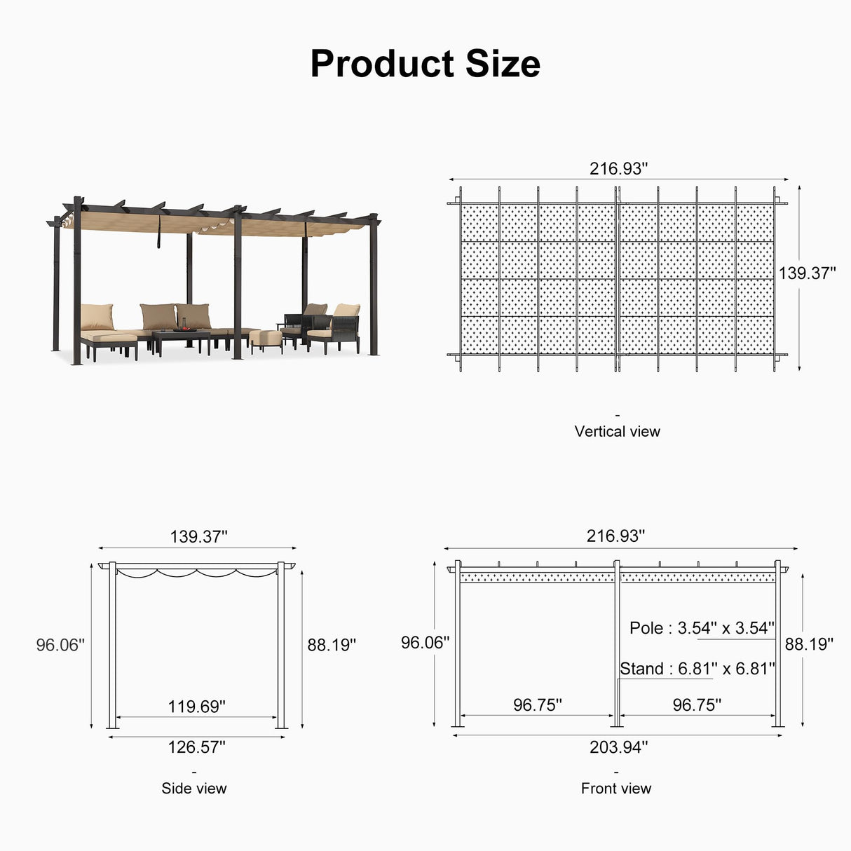 PURPLE LEAF 12' X 18' Outdoor Retractable Aluminum Pergola with Sun Shade Canopy Patio Metal Porch Garden Pavilion Grill Gazebo Modern Backyard Grape Trellis Pergola, Beige PURPLE LEAF