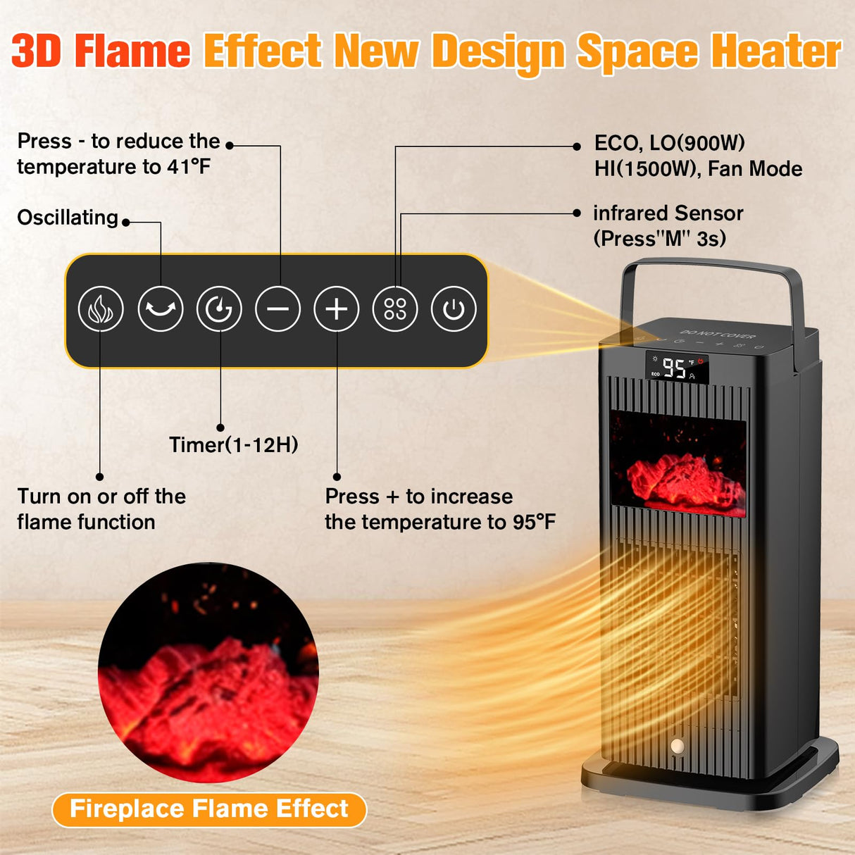 2024 Upgraded Space Heater,Mini Portable with Infrared Sensor & Fireplace Flame Effect,1500W Oscillating Electric Ceramic Room Heater,Fast Heating for Indoor Use,Bedroom,Office Room,Desk,Garage okoium