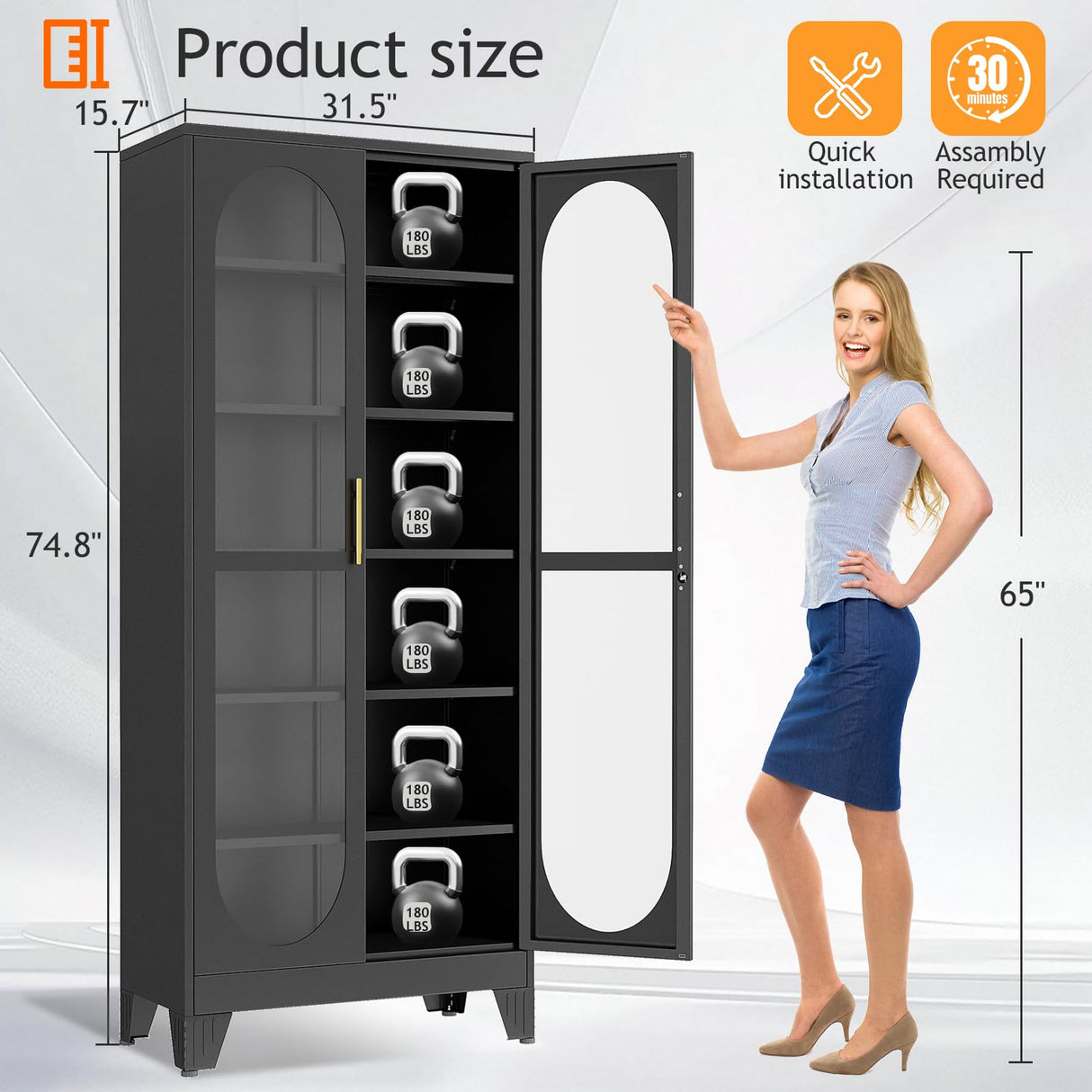 PAOFIN 75" H Locking Display Cabinet with Glass Door, Metal Curio Cabinets with 5 Adjustable Shelves, Tall Liquor Cabinet Display Case for Living Room, Wine, Clinic, Home - Assembly Required Black PAOFIN