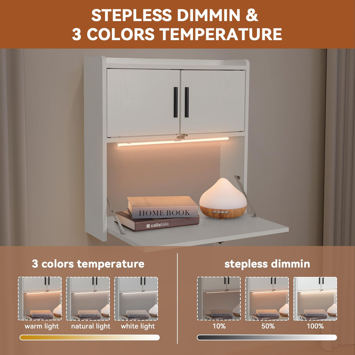 ARTETHYS Wall Mounted Desk with LED Light Multifunctional Fold Down Laptop Computer Table Writing Workstation with Storage Compartments Space Saving for Home Office ARTETHYS