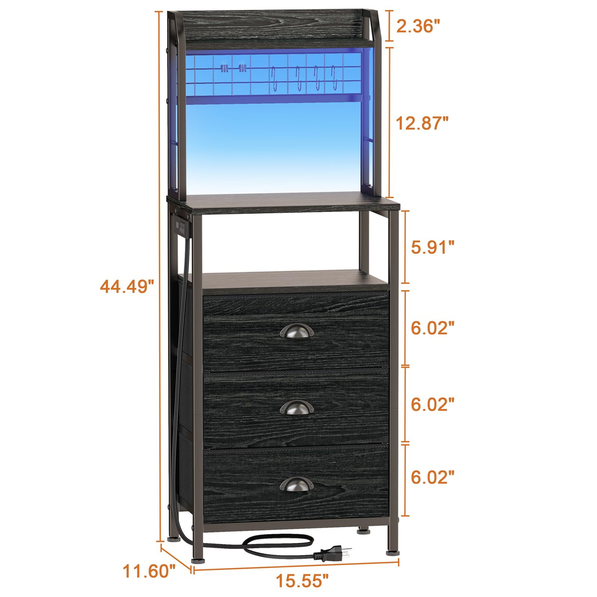 Furologee 44'' Tall Nightstand with Charging Station, Bedside Table with LED Lights, End Table with 3 Drawers and Storage Shelves, Night Stand with Pegboard for Bedroom, Black Oak Furologee