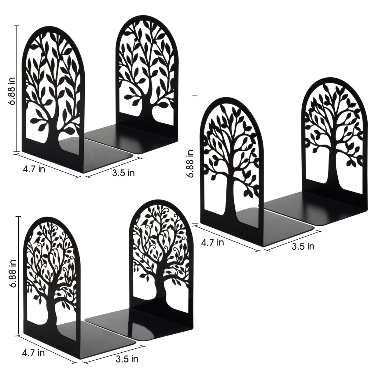 HappyHapi Book Ends, Metal Bookends for Shelves Decorative, Tree Stopper for Heavy Books, Black Ends to Hold Books for Home Office, 6.5 X 4.7 X 3.5 Inch(3 Pairs/6 Pcs, Large) HappyHapi