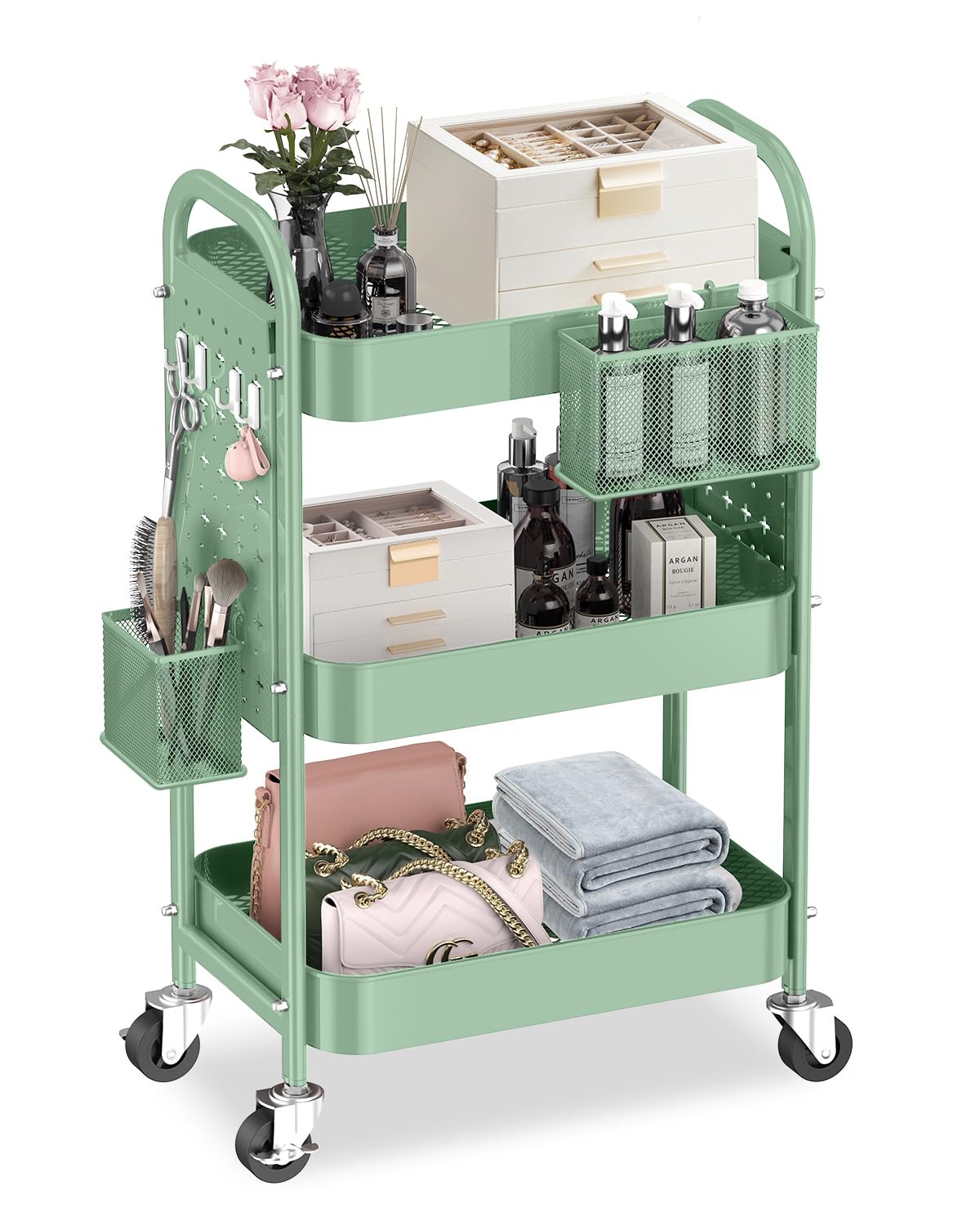 ALVOROG 3 Tier Rolling Cart with DIY Pegboards Metal Utility Cart with Wheels Handles Baskets Hooks, Storage Cart for Office Kitchen Bathroom(Green) ALVOROG