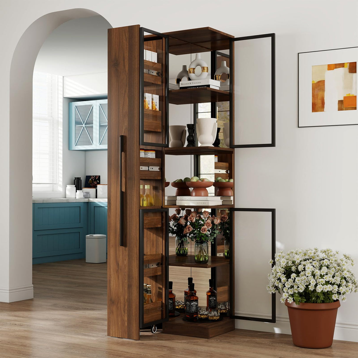 Display Cabinet with Double Glass Door, Diagonal Mirror, 6-Tier Pull-Out Shelf & Cordless Rechargeable LED 70'' Tall Lighted Display Cabinet for Curio, Collectibles with Storage Wood Finish Brown JOYSOURCE