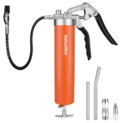 ValueMax Grease Gun, 6000PSI Heavy Duty Grease Gun Kit with 18inch Flexible Hose, 2 Extension Rigid Pipe, 2 Reinforced Couplers and 1 Special Sharp Nozzle, 14oz Load Capacity