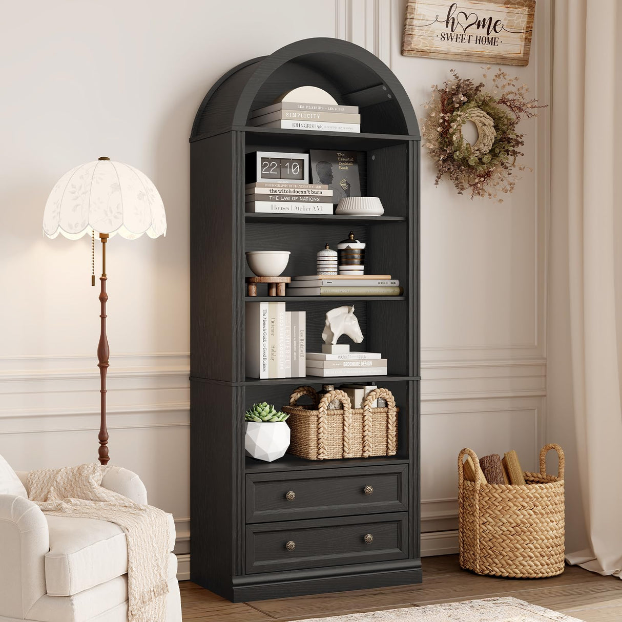 RALGEND Farmhouse Arched Bookshelf, 7 Tiers Arch Bookcase with 2 Spacious Drawers, Modern Book Shelf with Open Display Shelves and Storage Cabinet, for Office, Living Room, Kitchen, Black RALGEND