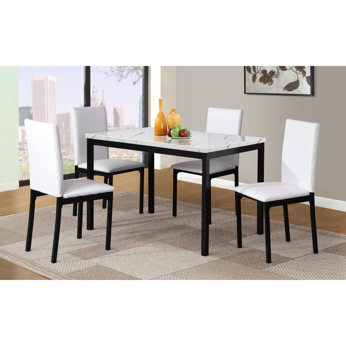 Roundhill Furniture 5 Piece Citico Metal Dinette Set with Laminated Faux Marble Top, White Table with White Chairs Roundhill Furniture