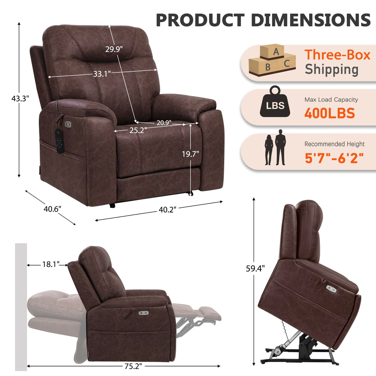 EONIX Triple Motor Lay Flat Power Lift Recliner Chair for Elderly, 400lbs Large Electirc Lift Chair for Living Room, Independent Adjustable Lumbar, Extended Footrest, Hidden Cup Holders, Dark Brown EONIX
