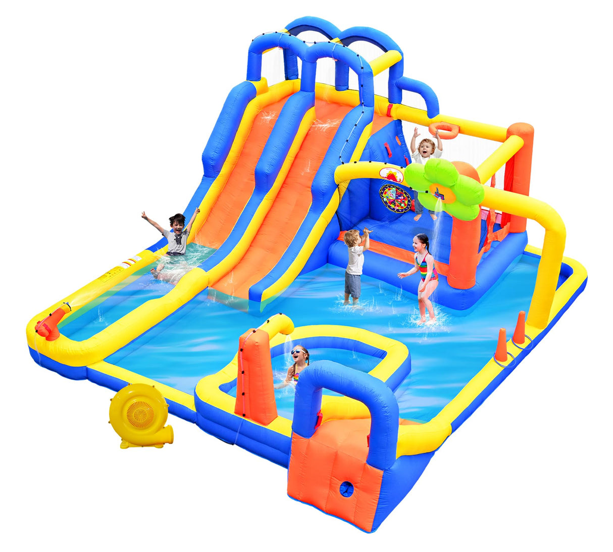 WELLFUNTIME Inflatable Water 3 Slides Park with Blower, Inflatable Bounce House with Climbing Wall, Water Cannon, Dartboard, Flower Sprayer and Deep Pool WELLFUNTIME