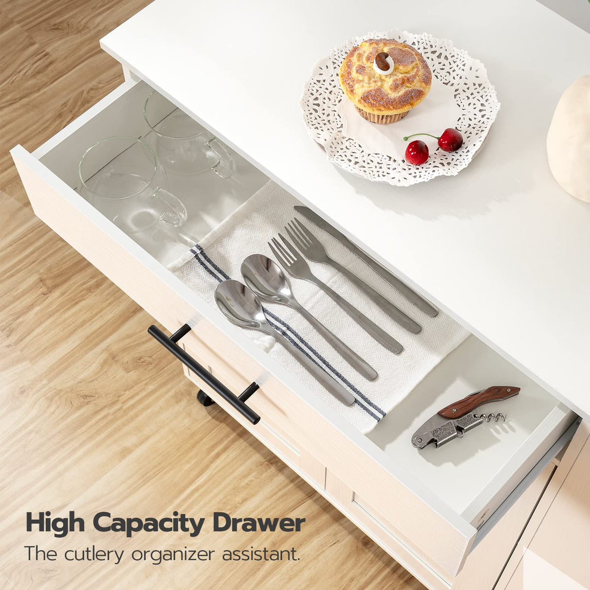 HOOBRO Kitchen Island with Power Outlet, Kitchen Storage Island with Spice Rack and Drawer, Rolling Kitchen Cart on Wheels, for Home, Kitchen and Dining Room, White WT82UZD01G1 HOOBRO