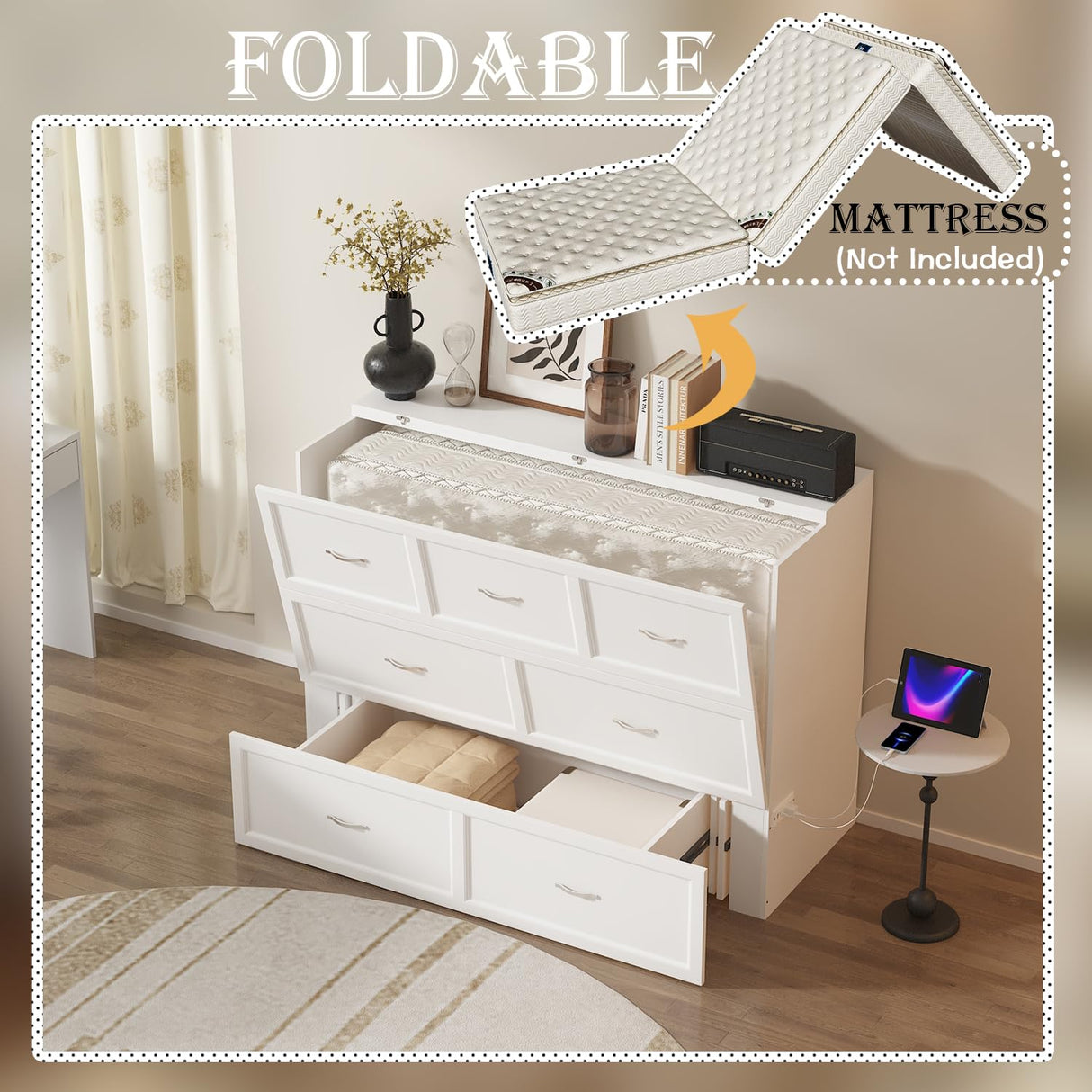 FUFU&GAGA Full Size Murphy Bed with Charging Station & Storage, Cabinet Bed Frame with Drawer, Folding Space Saving Murphy Beds Chest for Bedroom Guest Room Office, White, 76.4”L x 56.2”W x 40.9”H FUFU&GAGA