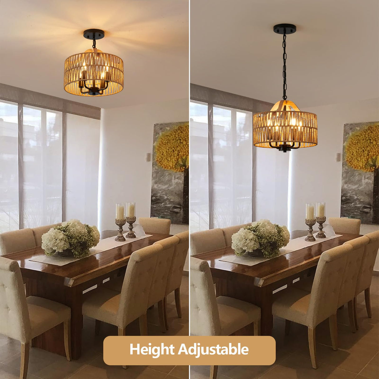 ZSDHXi Rattan Pendant Light Fixtures, 4-Light Boho Chandelier with Woven Drum Shade, Farmhouse Dining Room Ceiling Hanging Lamp, Small Wicker Coastal Pendant Lighting for Kitchen Island Hallway ZSDHXi