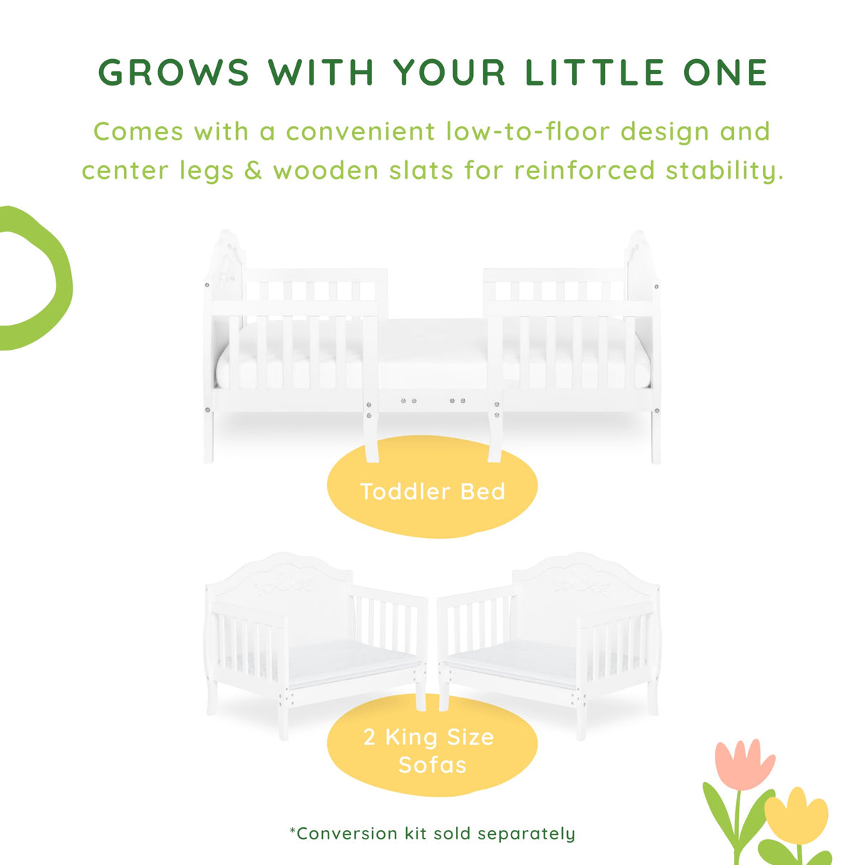 SweetPea Baby Rose 3-in-1 Convertible Toddler Bed in White, Greenguard Gold Certified, JPMA Certified, Safety Rails, Made of Sustainable New Zealand Pinewood Sweetpea Baby
