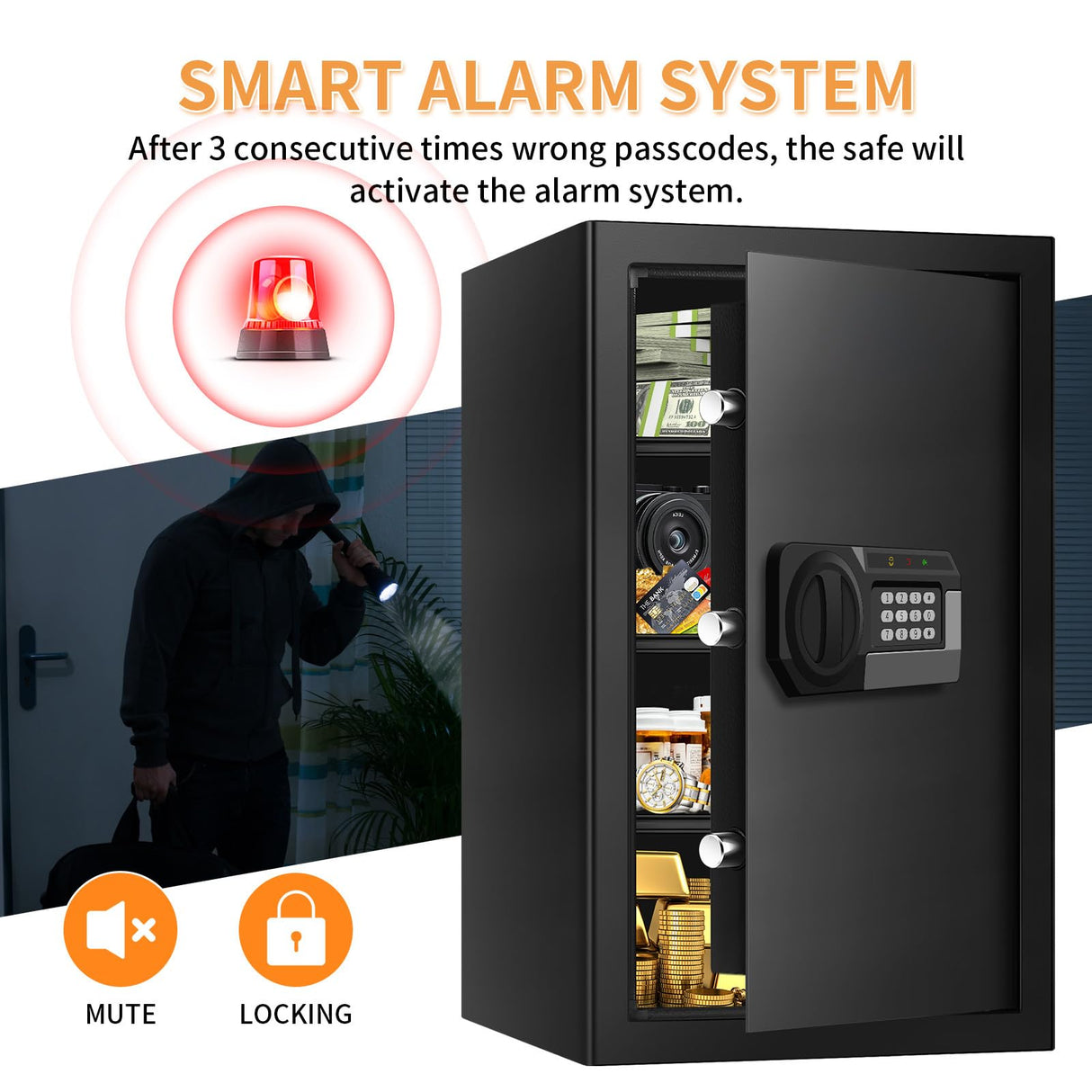 5.1 Cub Large Safes for Home Use Fire and Water Proof, Anti-theft Home Security Safe With Digital Keypad & 3 Removable Shelves and Led Light, Fireproof Safe Box for Documents Money Firearm Valuables Psisuvry