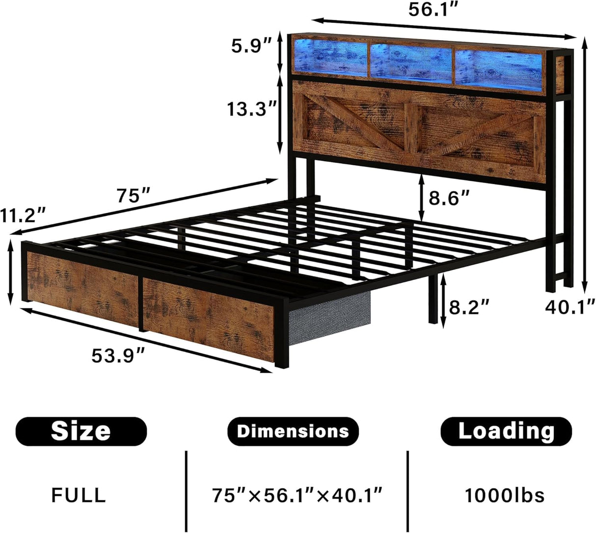 Farmhouse Full Bed Frame with Bookcase Headboard and Storage Drawers, LED Lights and Charging Station, No Box Spring Needed, Noise Free, Vintage Brown Fastroby