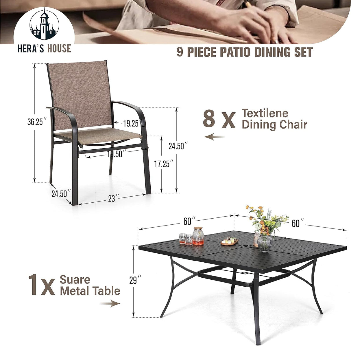 HERA'S HOUSE 9 Pieces Patio Dining Set, Outdoor Table and Chairs Set for 8, 8 x Brown Textilene Dining Chair and 60" Square Metal Dining Table, Outdoor Dining Sets for Lawn Garden Backyard Deck HERA'S HOUSE