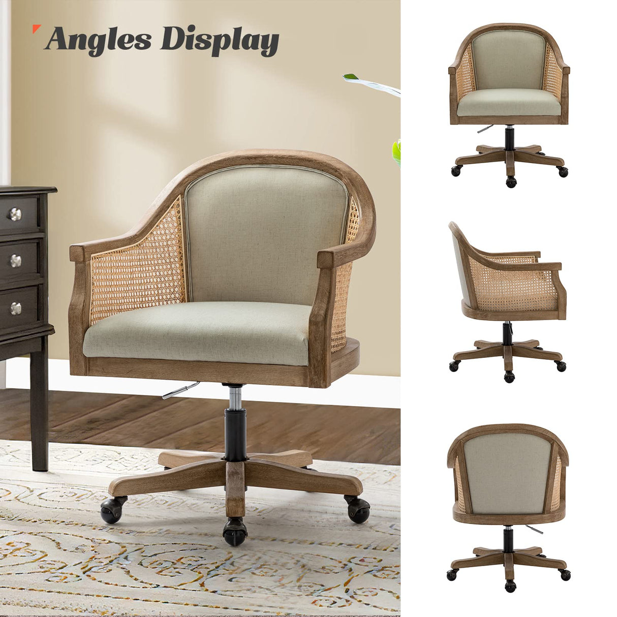 HULALA HOME Rattan Desk Chair, Upholstered Home Office Chair, Vintage Office Chair with Armrest, Adjustable Swivel Rolling Height Task Chair for Living Room Bedroom Study Room, Linen HULALA HOME