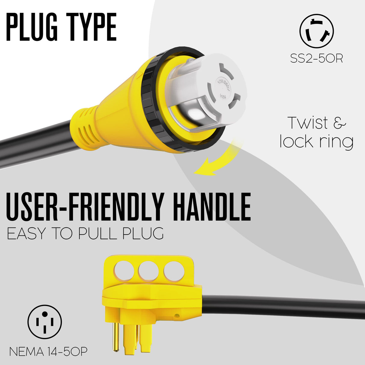 Houseables 50 Amp RV Extension Cord, Power Cords, 30 Ft Long, 1 Pack, Black, Yellow, SS2-50R Female Adaptor, 14-50P Male Plug, 50A Compatible, PVC, STW, w/Handle, for Camper, Motorhome, UL Certified Houseables
